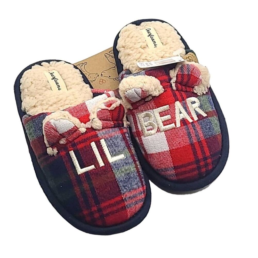 DearFoams Kids Slippers Size 9-10 Plaid Lil Bear Memory Foam Cozy House Shoes